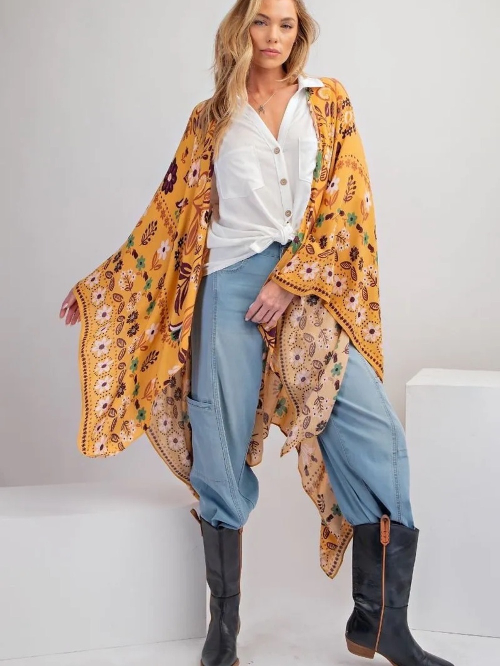 NWT Easel Mustard Floral Rayon Crepon Kimono Boho Duster Cardigan Size Large